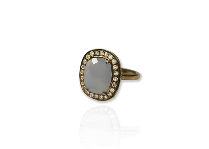 Gold Plated CZ Studded Big Gray Gemstone Fashion Ring